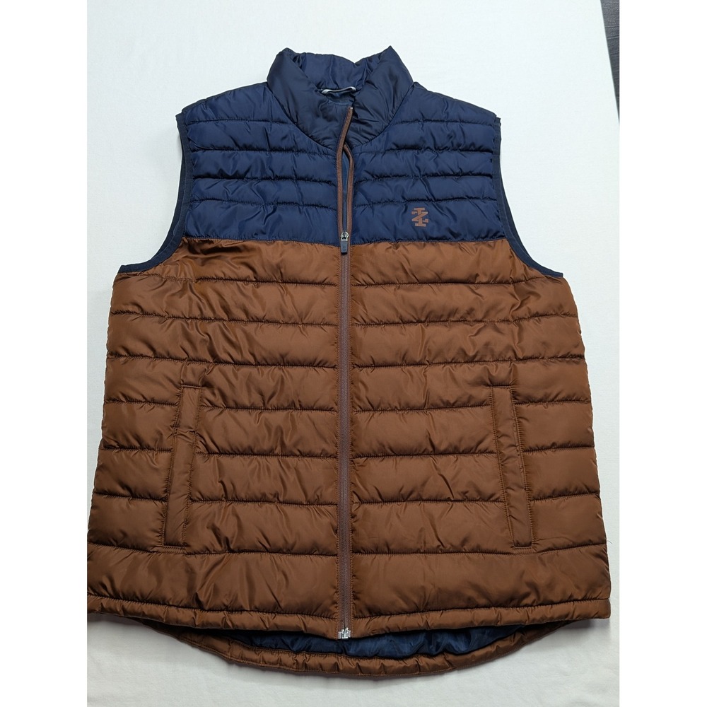 IZOD Advantage Performance Puffer Vest Mens Medium Navy Brown Colorblock Zip Up